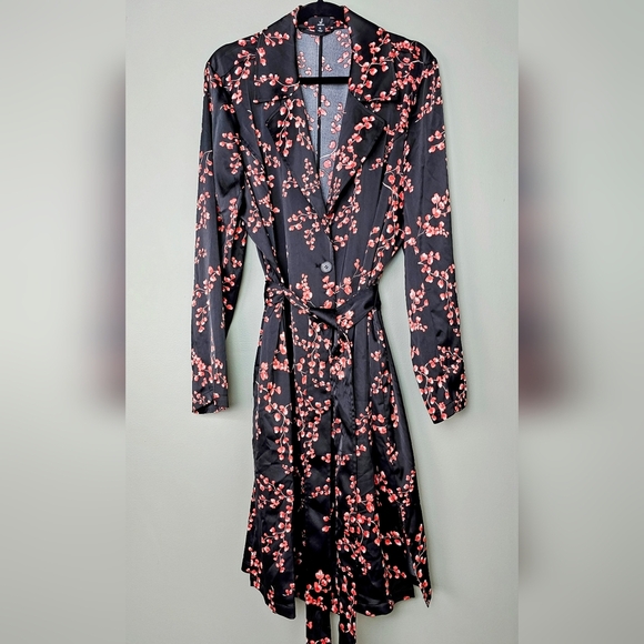 J Jason Wu Women's Woven Printed Lightweight Satin Floral Trench, Black Pink XL - Picture 4 of 9